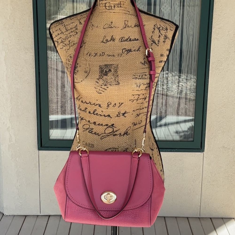 Coach Faye Dusty Rose Leather and Suede Crossbody Bag with Turn-Lock Closure